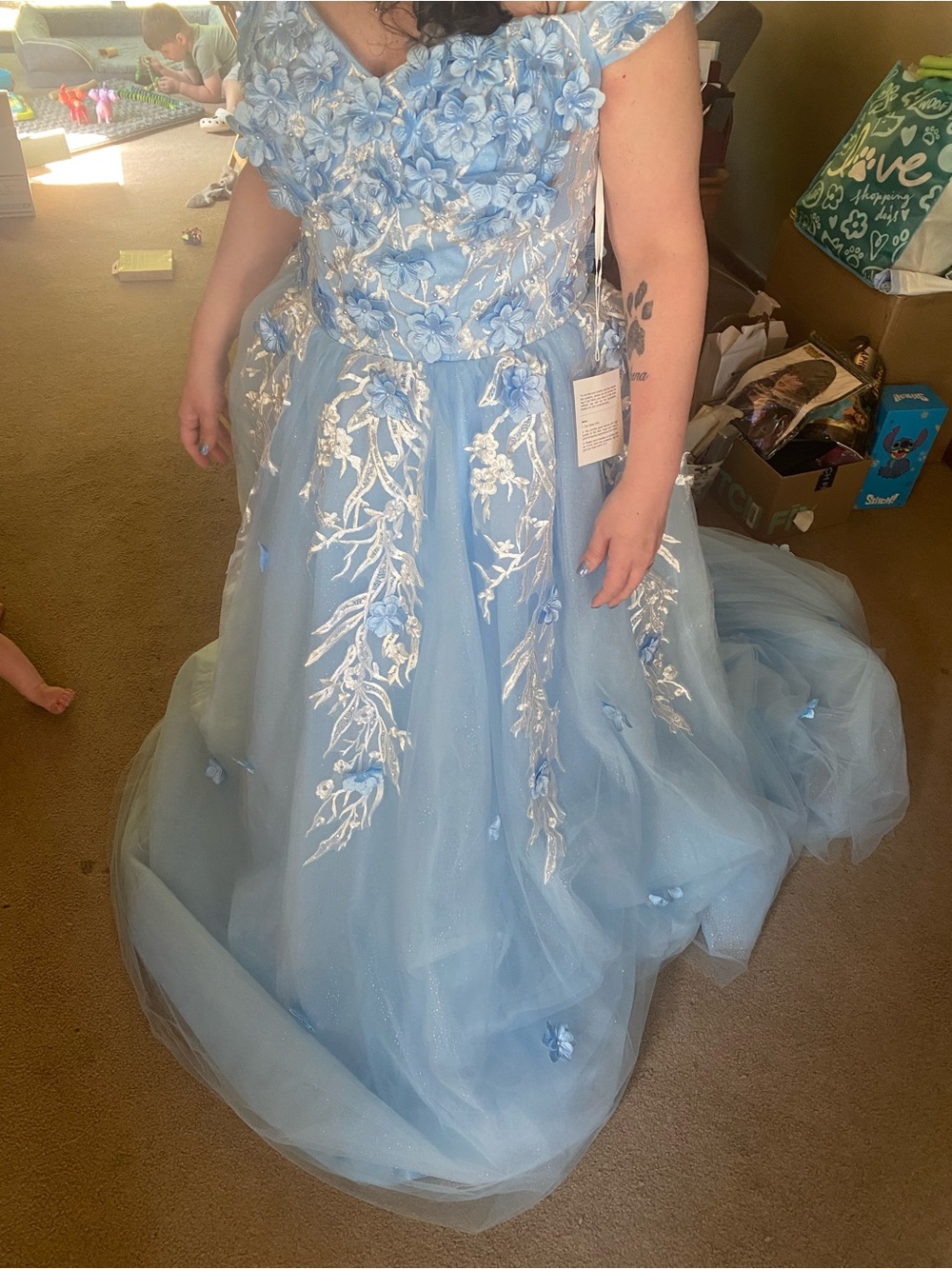 Source Unknown Light Blue Floral Appliqué Tulle Gown